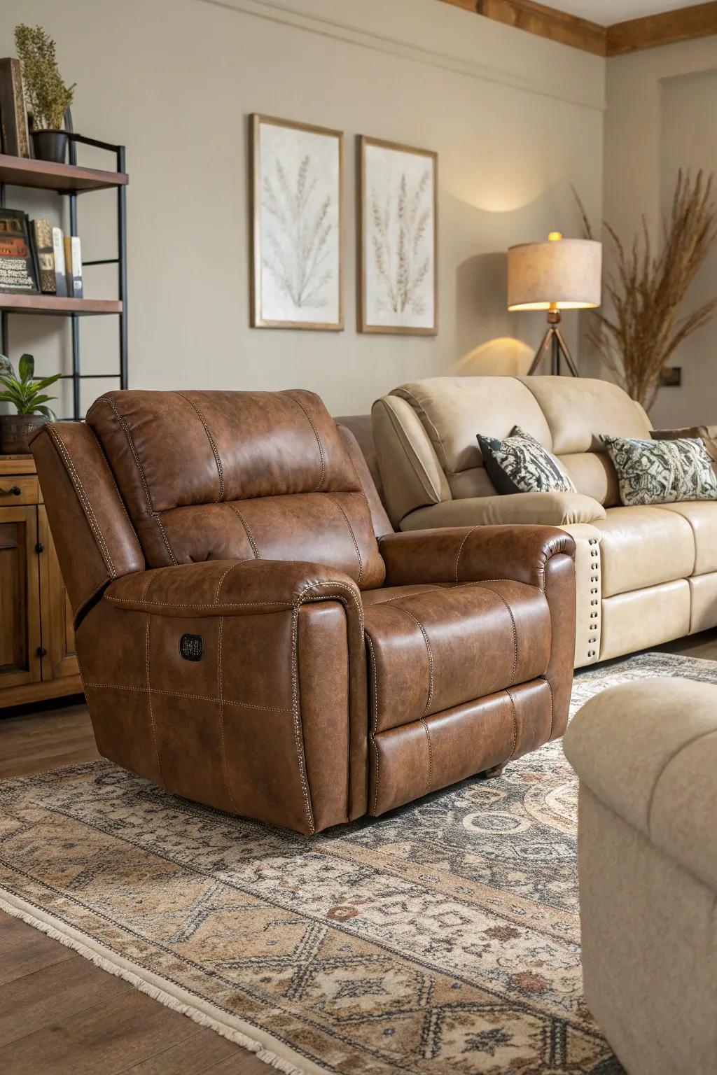 A textured living area featuring a leather recliner and textile sofas.