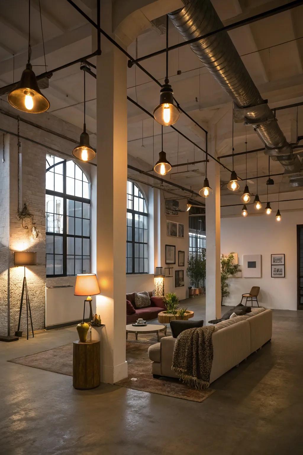 Layered lighting accentuating the loft mood.