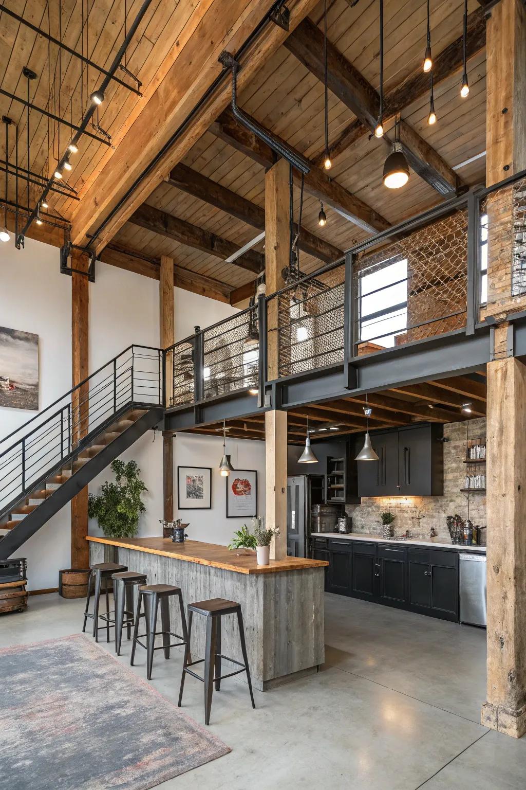A loft that harmoniously blends industrial flair with country warmth.