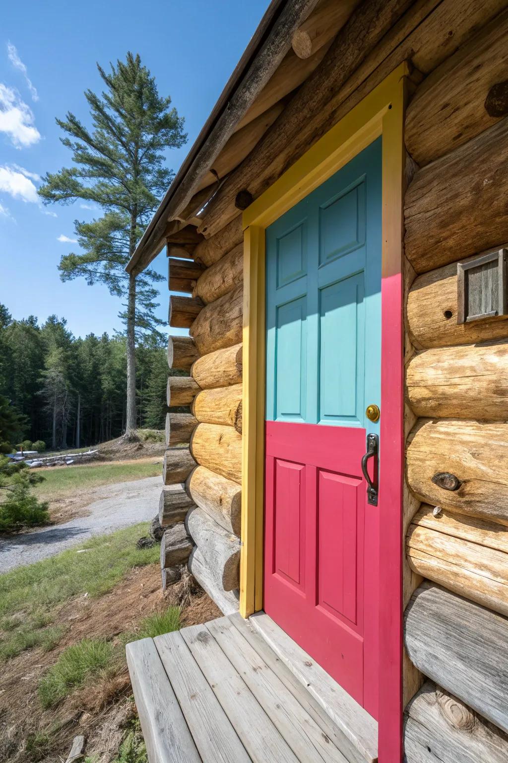 A vibrant painted log cabin door making a statement against the wood.