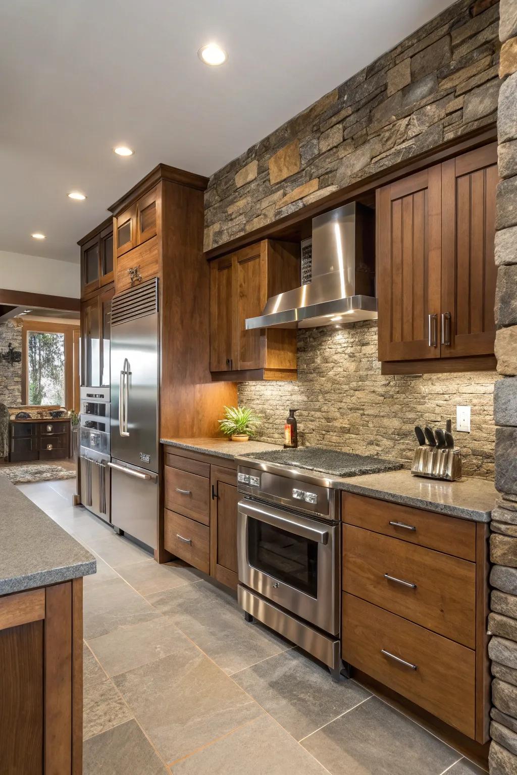A harmonious assembly of diverse materials defines this innovatively styled cooking space.