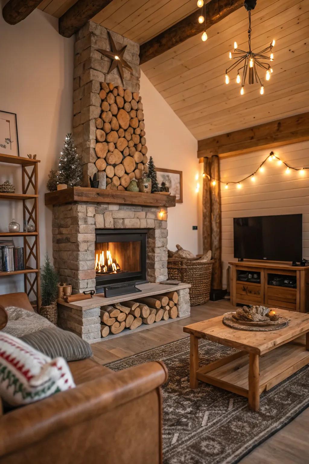 Logs enhancing the inviting vibe surrounding a fireplace.