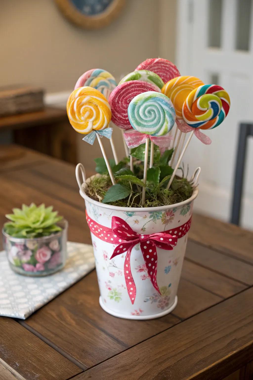 A customized pot filled up with candy pops