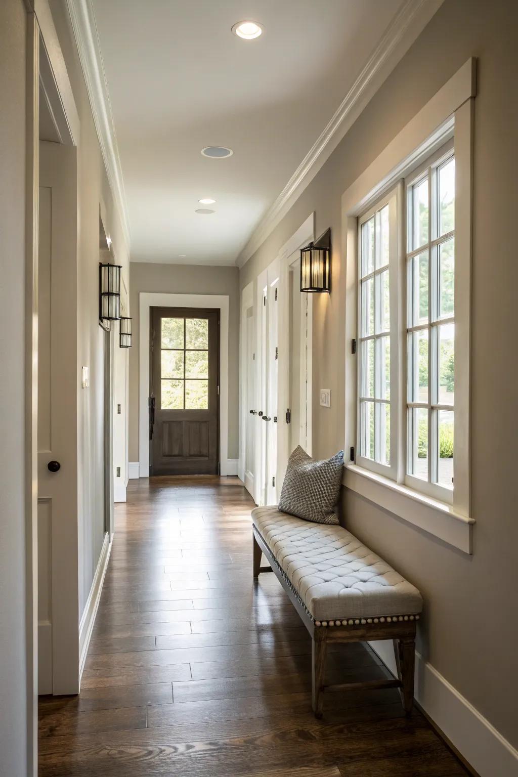 A stylish bench provides both comfort and charm in this long entryway.