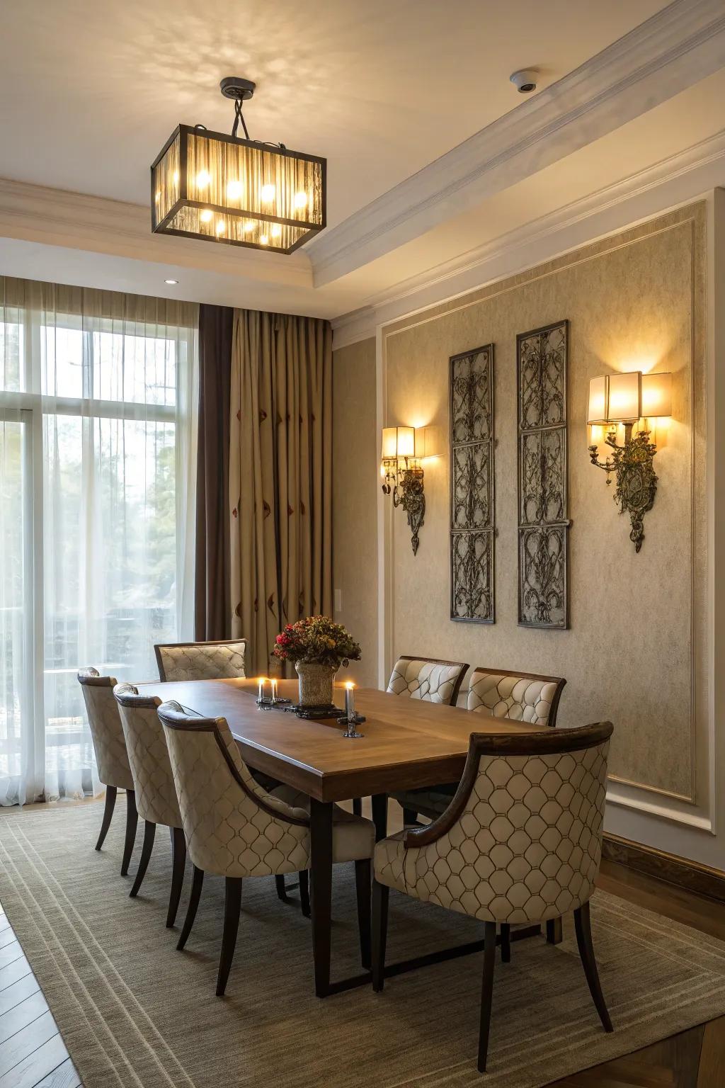 Decorative wall sconces enhance a dining room.