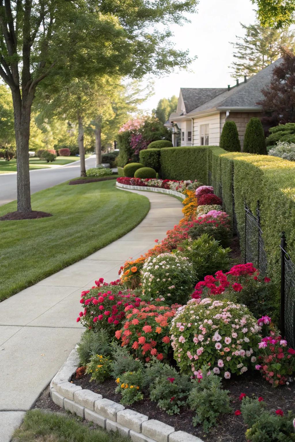 A lush hedge divider provides a natural and vibrant border for this front yard.