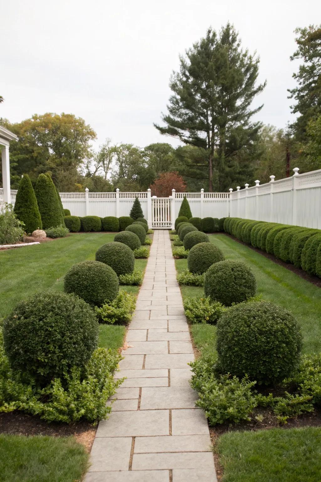 Symmetrical garden design choices implemented for their equilibrium and simplicity.