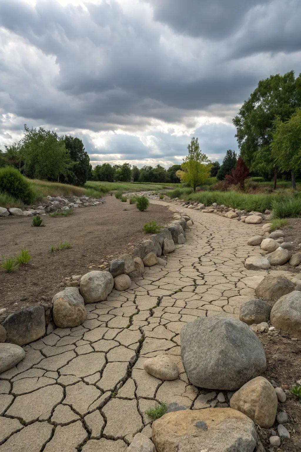 A dry riverbed design in a small rock garden.