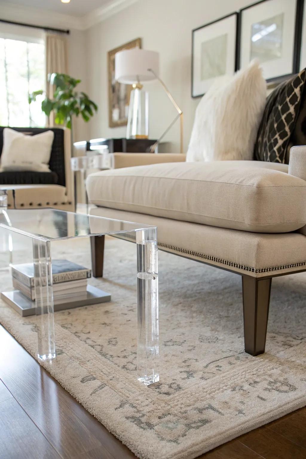 Clear acrylic legs impart a floating effect to furniture.