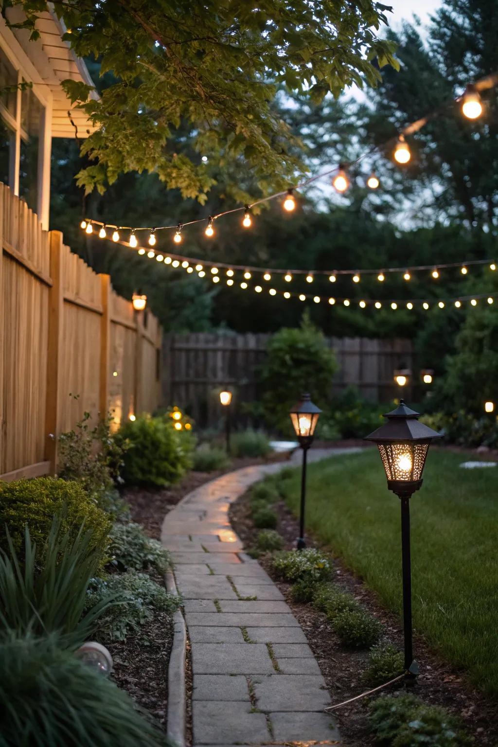 A garden illuminated with cozy ambient lighting.