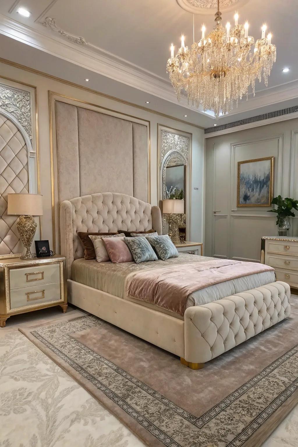 A deluxe bedroom featuring striking decorations as centerpieces.