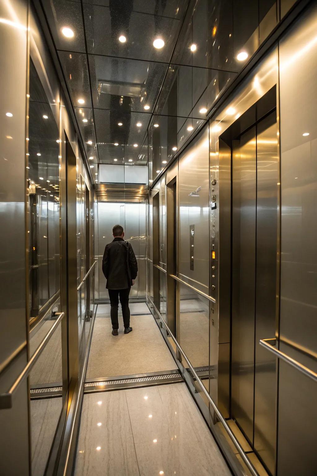 Mirrors amplify the sensation of space and luxury within the elevator.