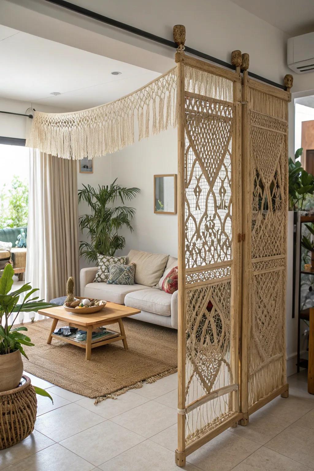Macrame space partitions crafting intimate spots.