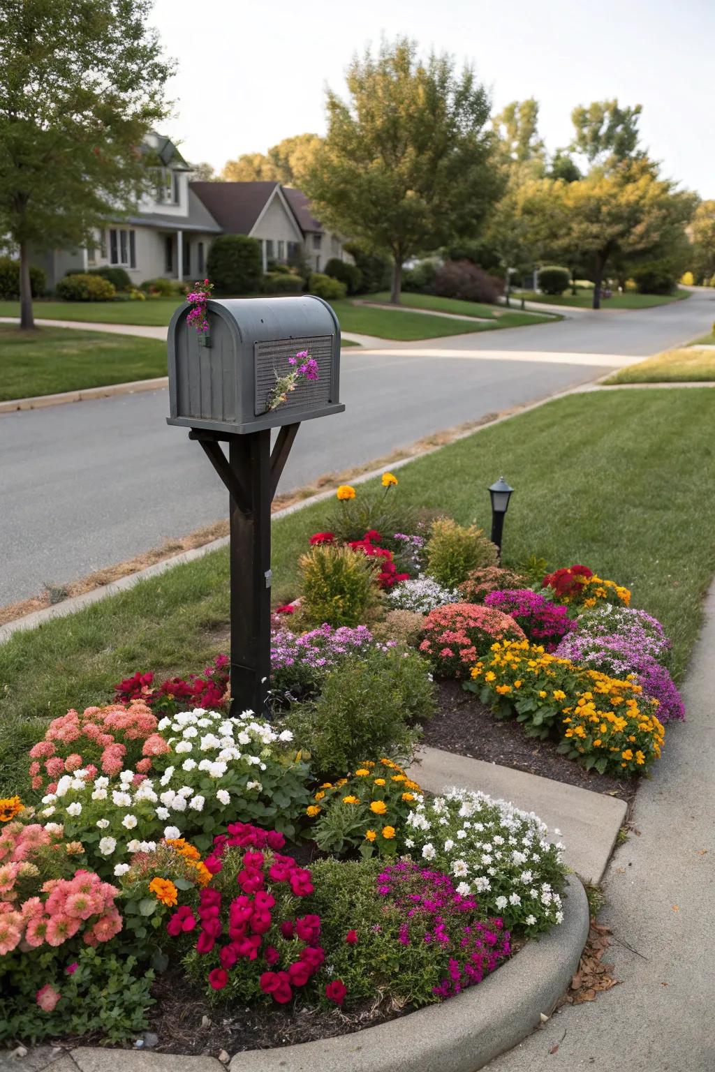 Color synchronization between flowers and mailbox establishes a consistent appearance.