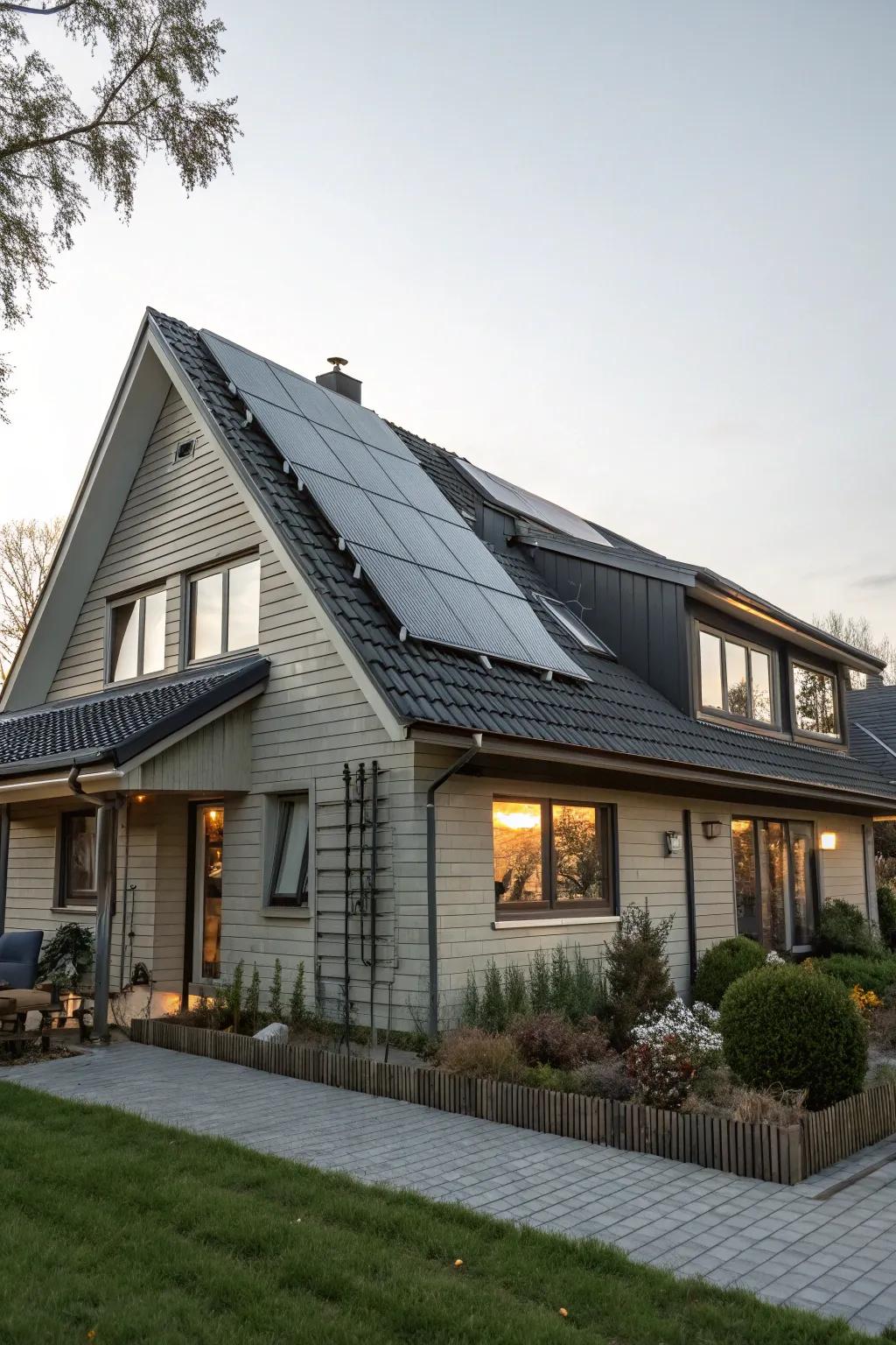 This mansard roof uses solar panels for a sustainable solution.