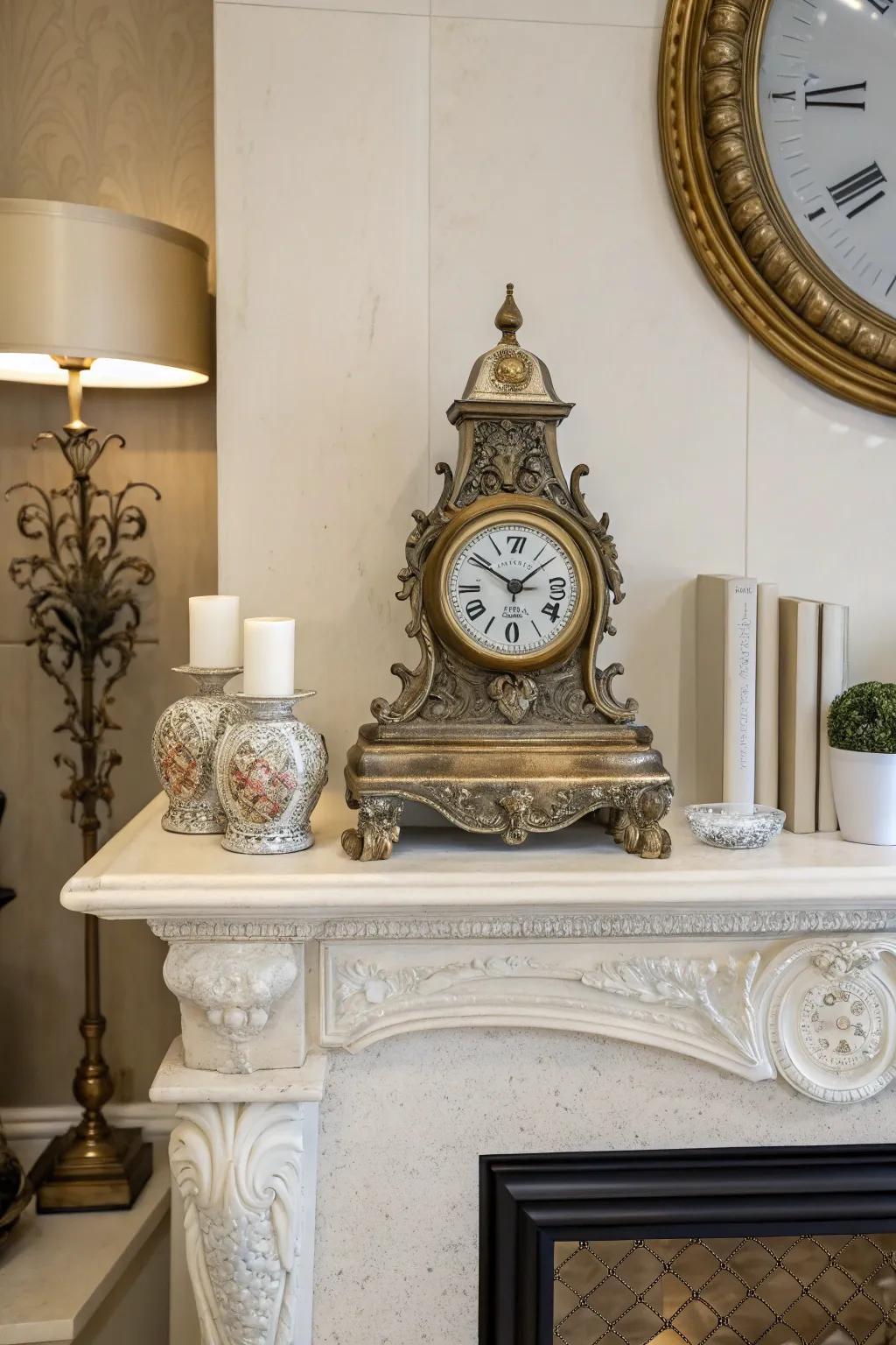 An attractive clock introduces a traditional and useful centerpiece to the mantel.
