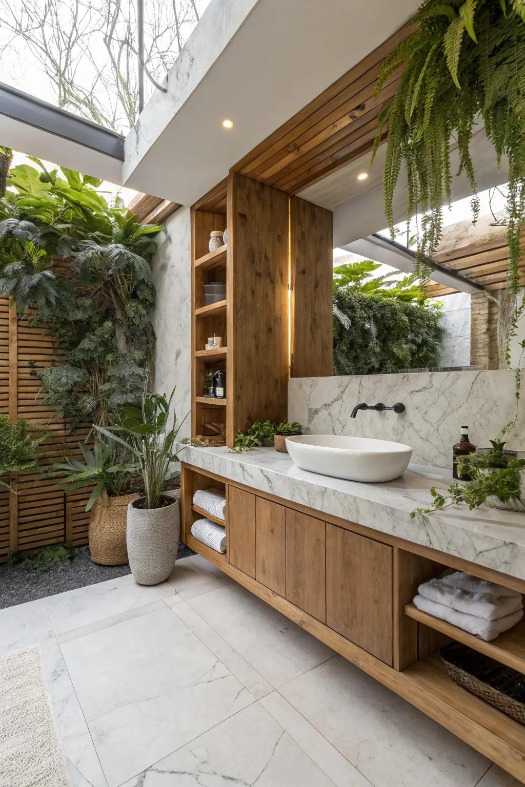 Natural elements, such as wood and plants, complement marble's inherent coolness.