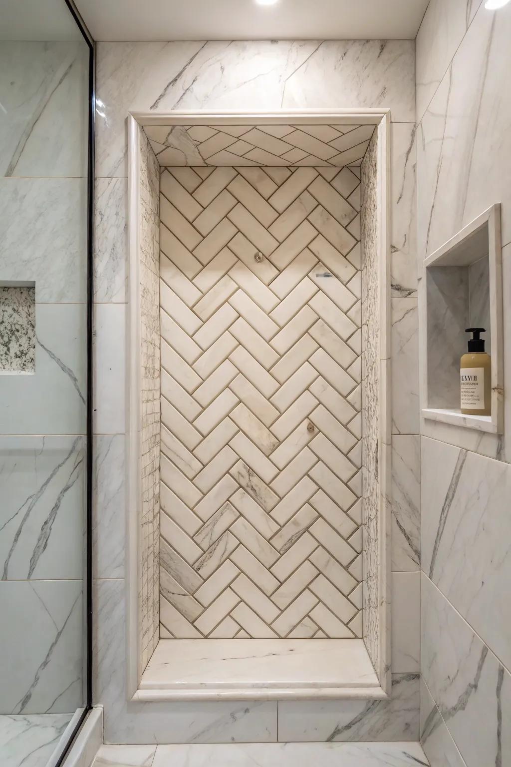 Herringbone tiles add dynamic movement within a stone niche.