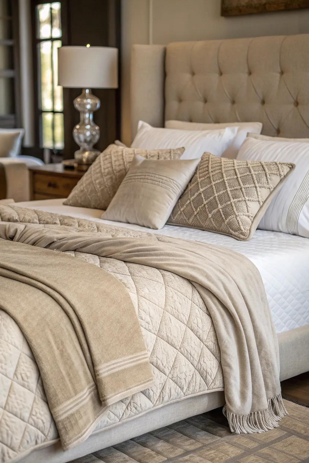 Plain bedding heightens the room's stylish and sophisticated impression.