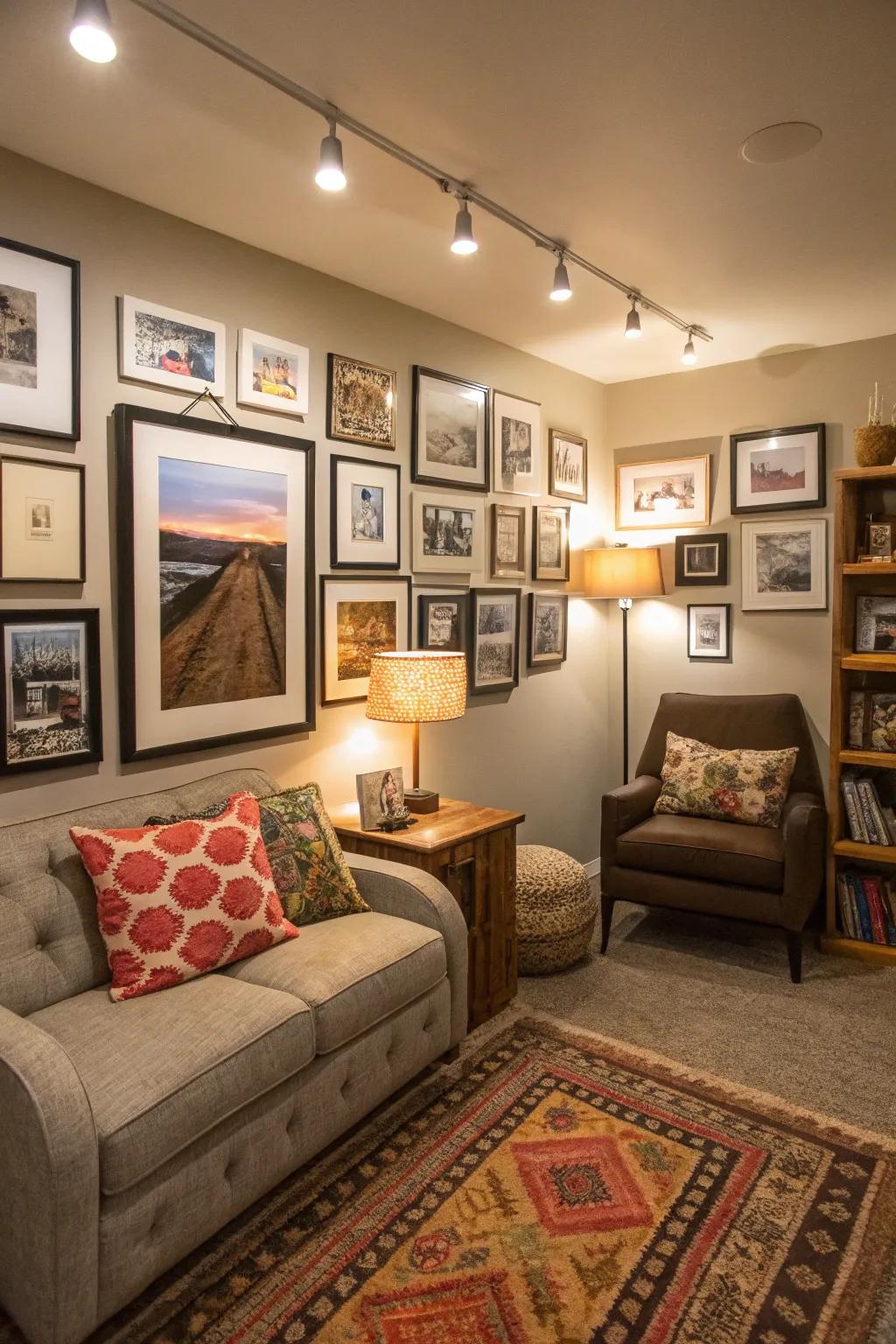 A display of wall art infuses personal flair into the retreat.