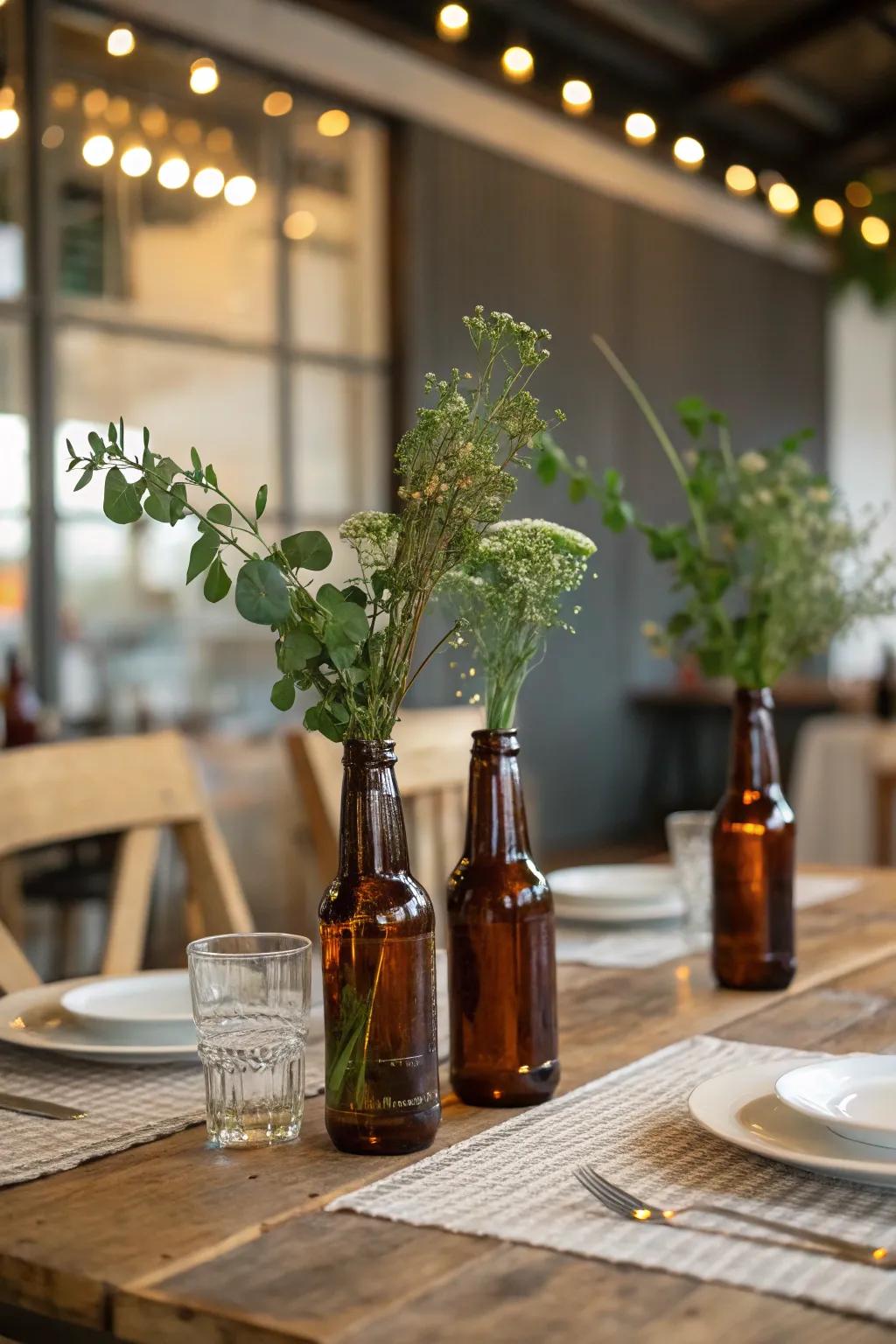 Contribute a casual accent using ale bottles turned containers.