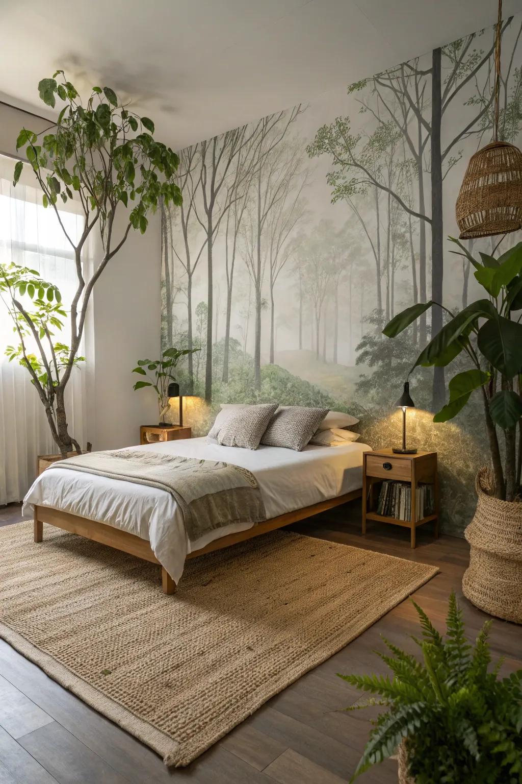 Wallpaper that showcases a forest theme cultivates a natural escape.