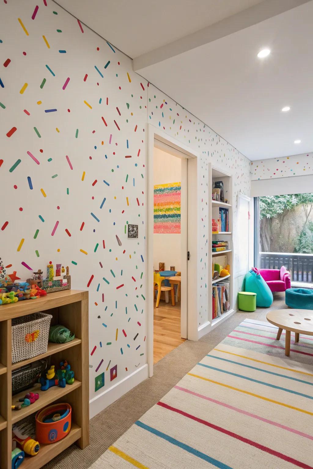 Confetti patterns infuse a lively and enjoyable vibe.