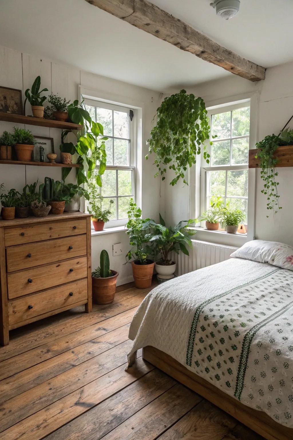 Revitalizing hint of greenery that enlivens a farmhouse bedroom