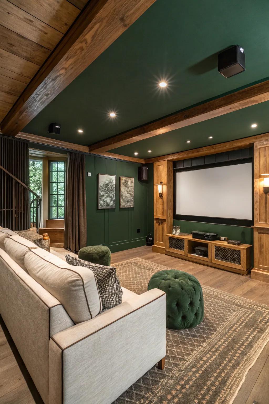 A media room with forest green walls, blending nature with entertainment.