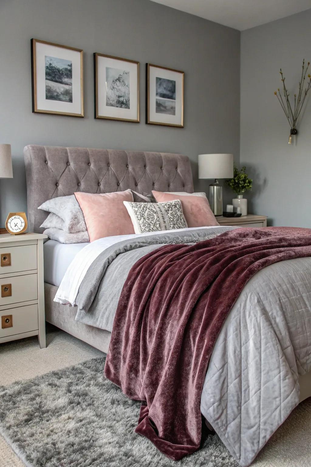 This cozy grey bedroom features lush bedding and velvet throws for added texture.