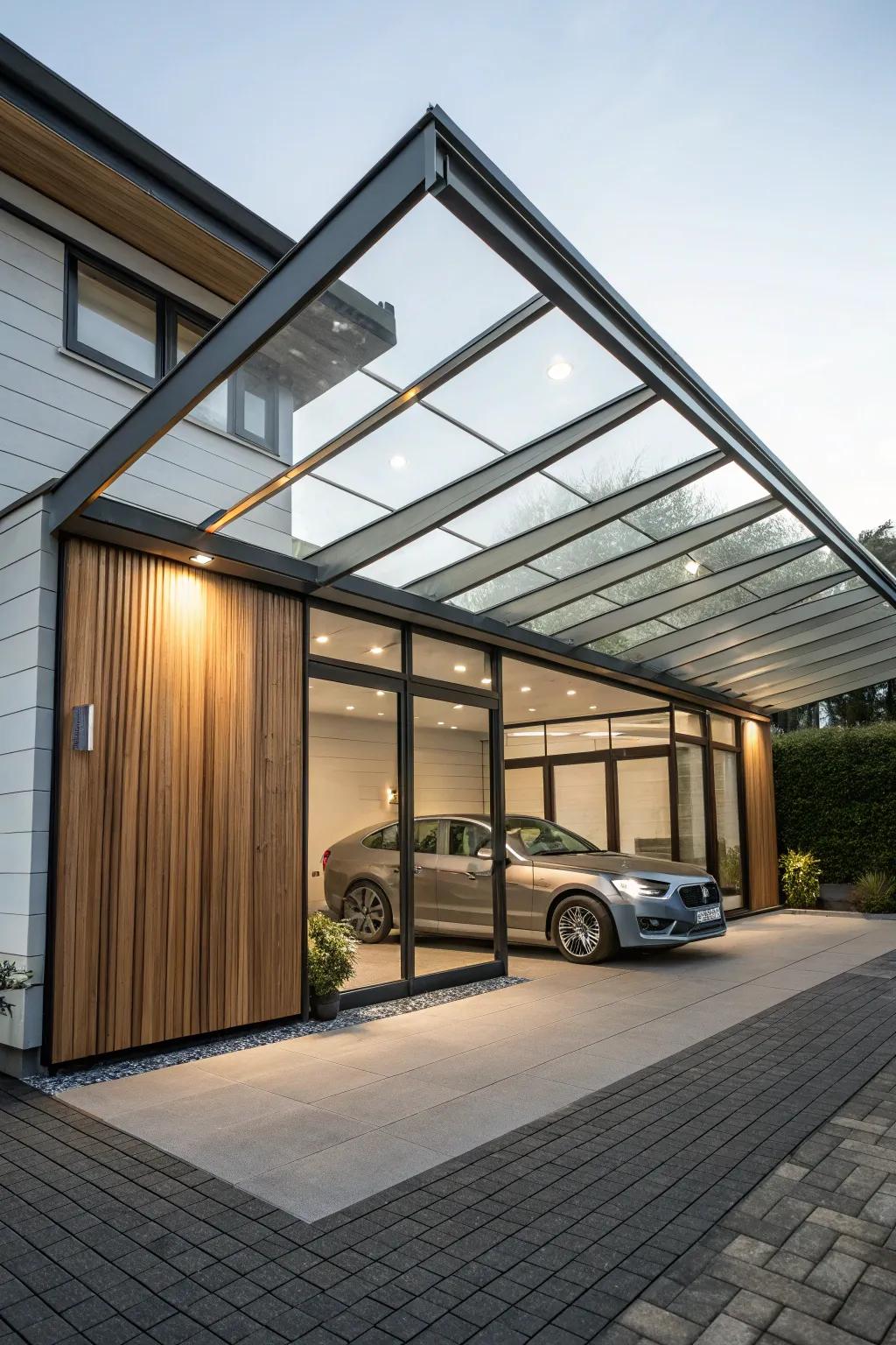 A carport that combines mixed materials offers a diverse array of textures for a standout appearance.