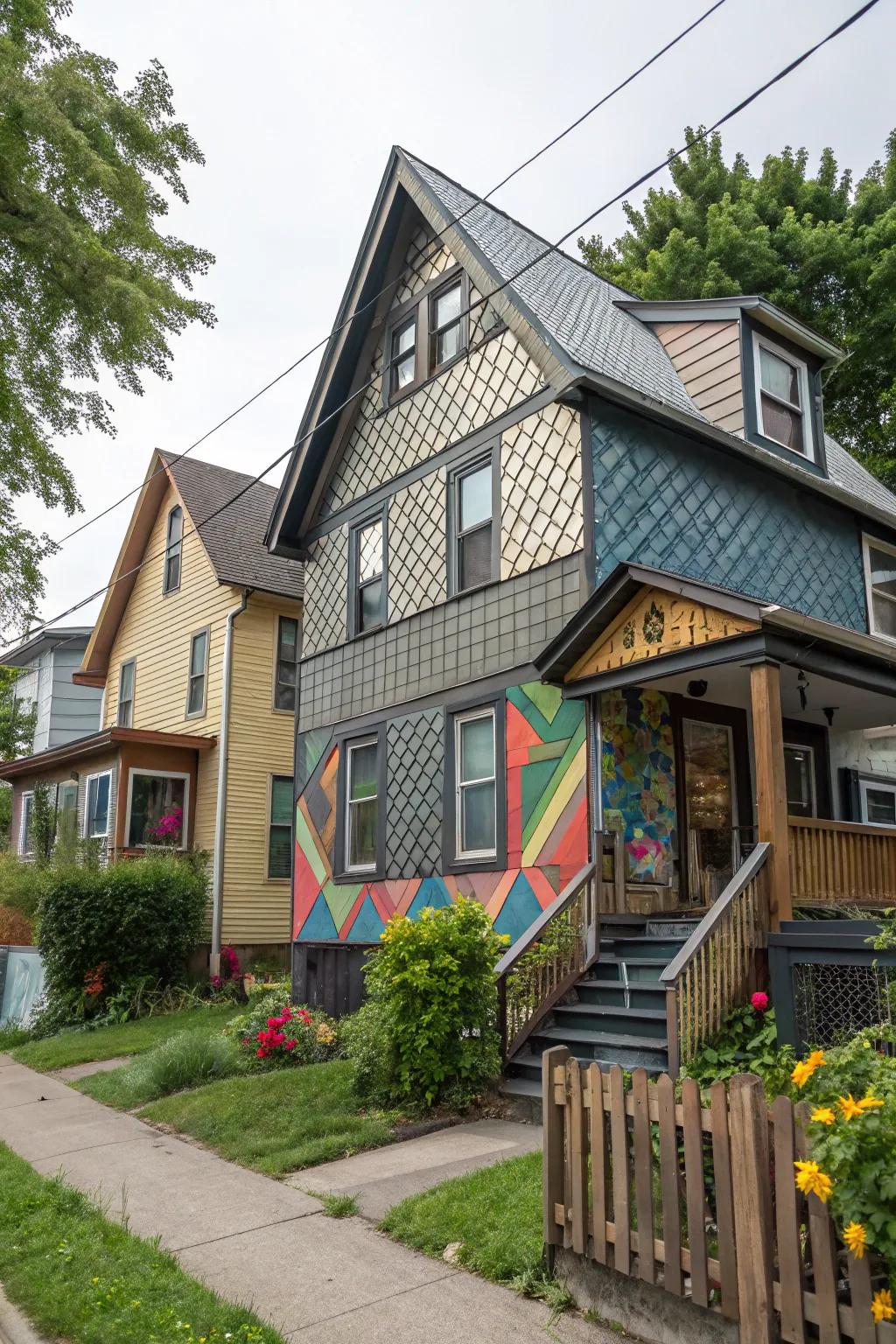 A creatively fashioned dwelling showcasing metal cladding incorporating geometric configurations.