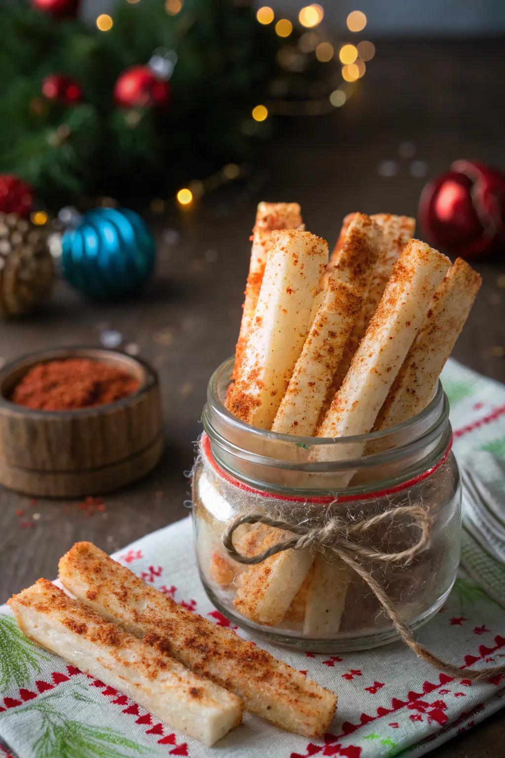 Sweet root sticks with a chili twist for a refreshing crunch.
