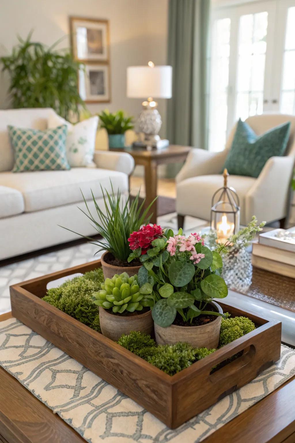 An elegant living area showcasing a miniature garden incorporated into the decor.