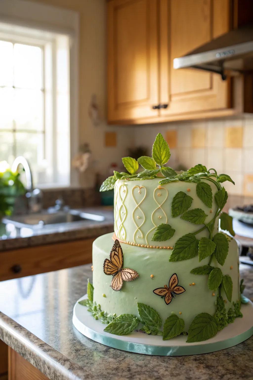 A lime-colored cake with natural components for a whimsical element.