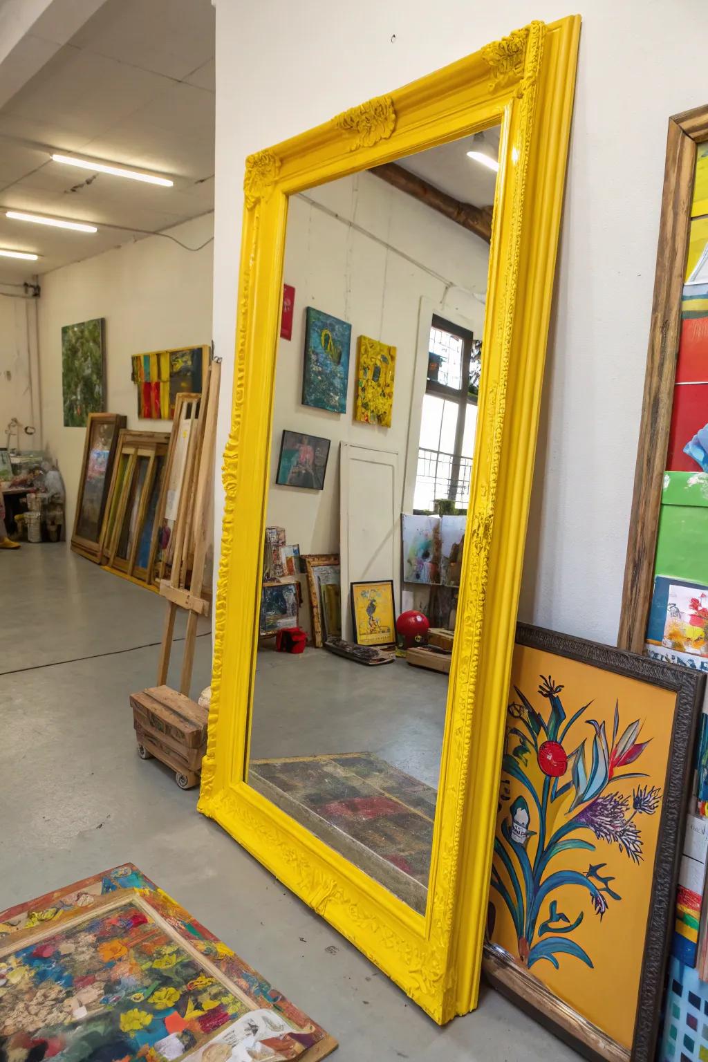 A radiant xanthous surround mirror adds a burst of hue to an artistic atelier.