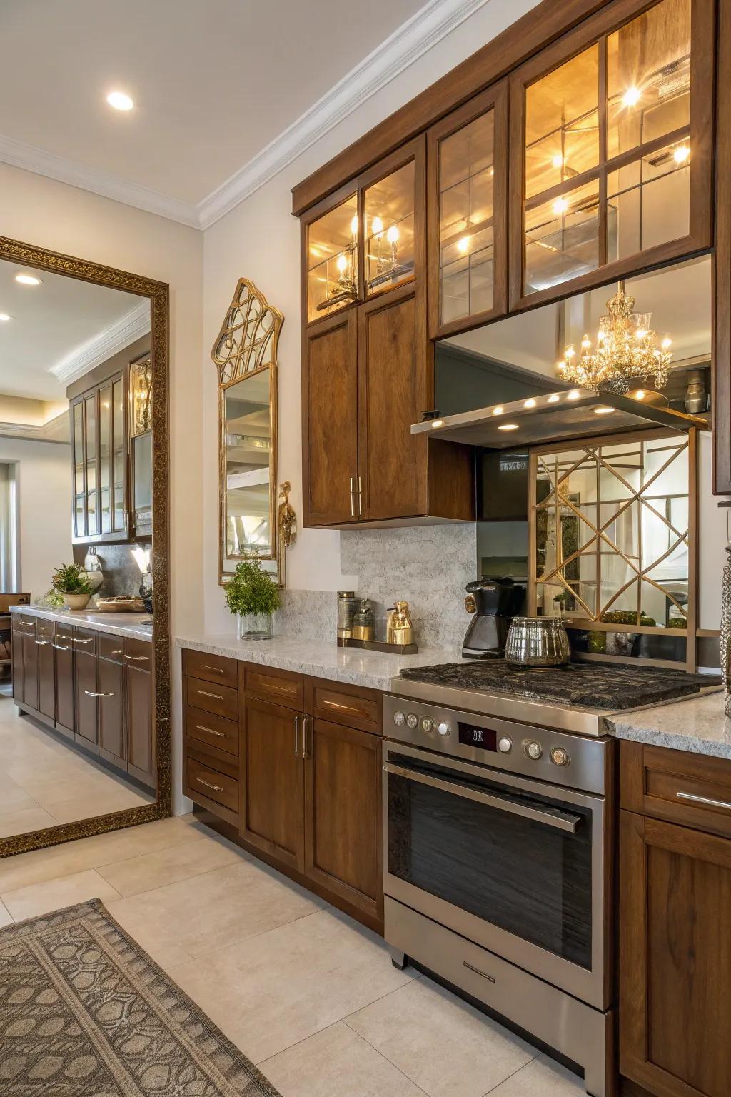 A kitchen featuring a mix of mirrors with wood and metal, creating a textured and inviting space.