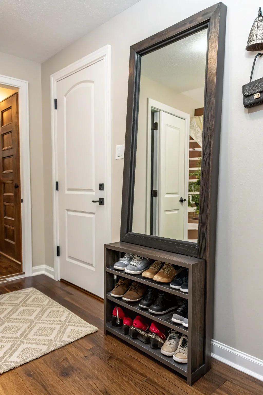 A useful entryway solution featuring a full-length mirror and shoe rack.