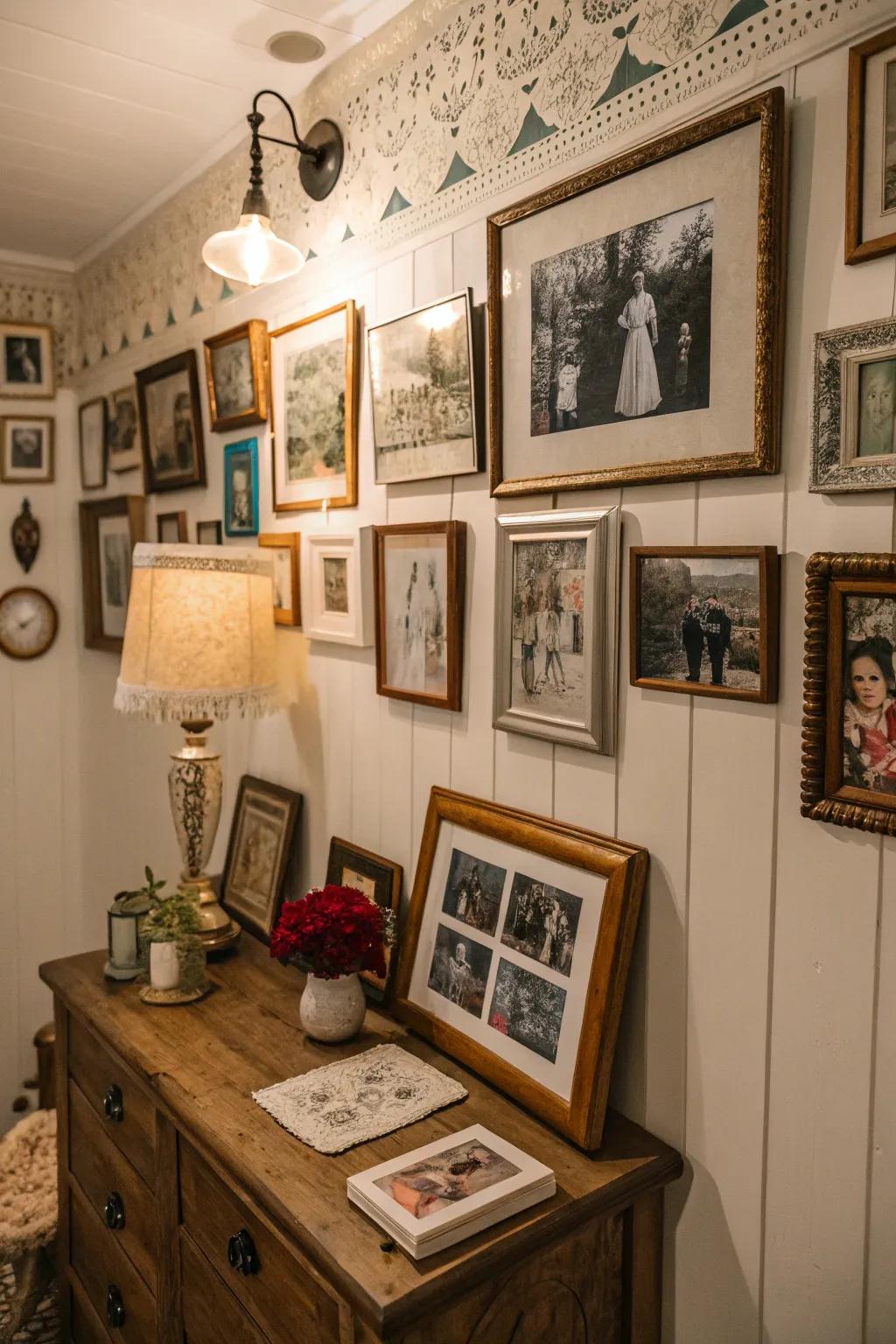 The gallery wall feels warm and meaningful because of the personal touches.