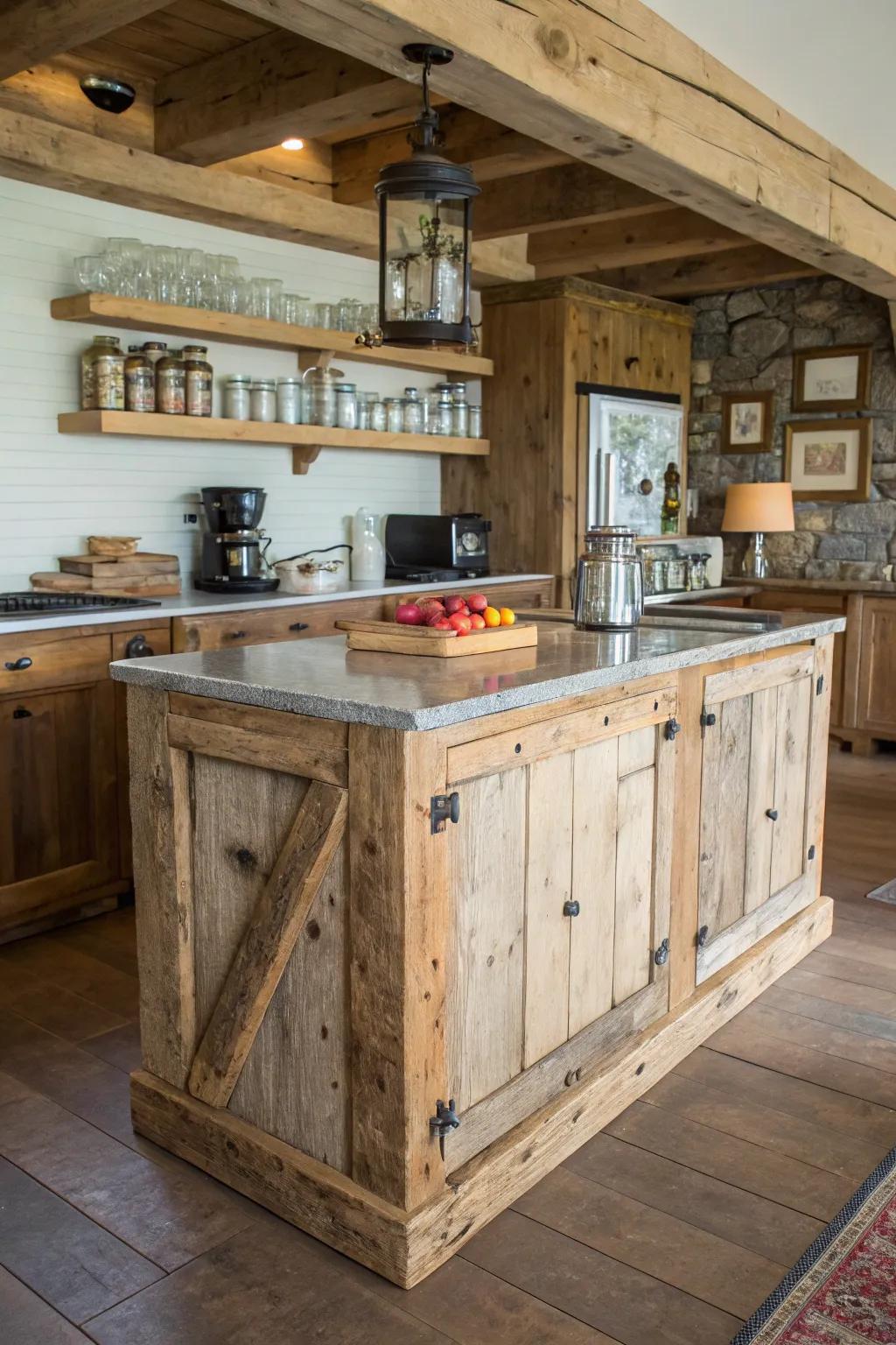 Sustainable style is embodied by a reclaimed wood island.