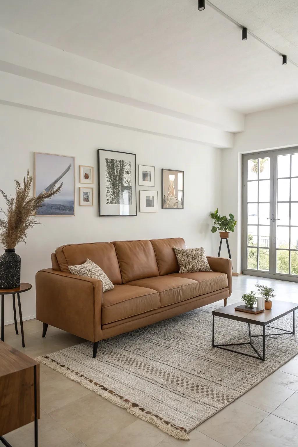 Minimalist decor enhances the cocoa sofa for a modern atmosphere.