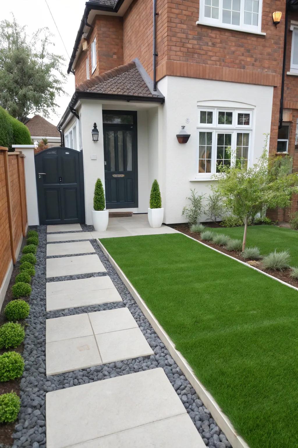 An elegant, minimalist front yard featuring artificial lawn.