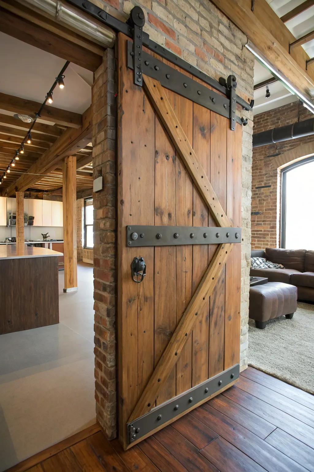 Metal accents give barn doors an appealing industrial aesthetic.