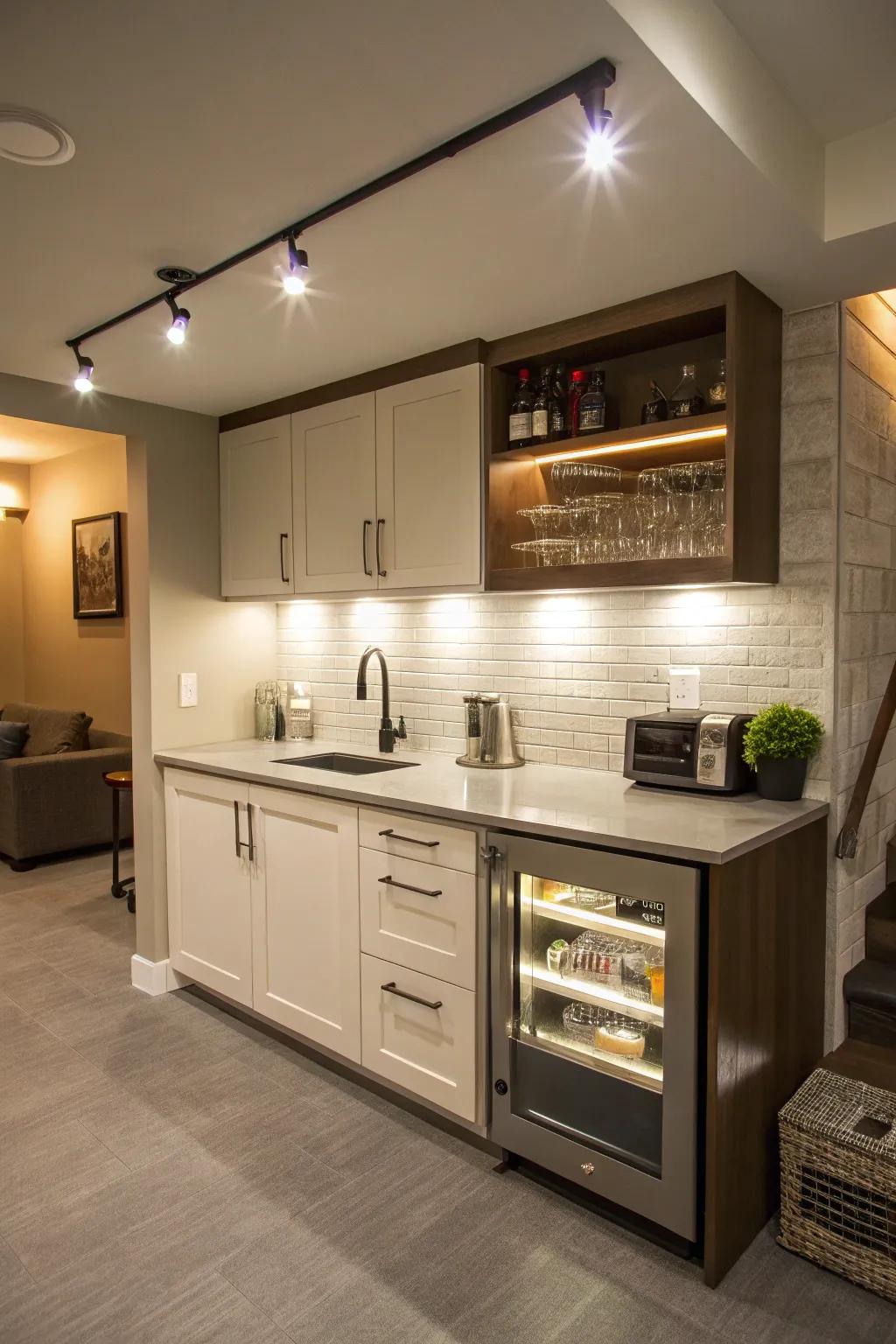 Under-cabinet lighting in the kitchenette boosts both style and usability.