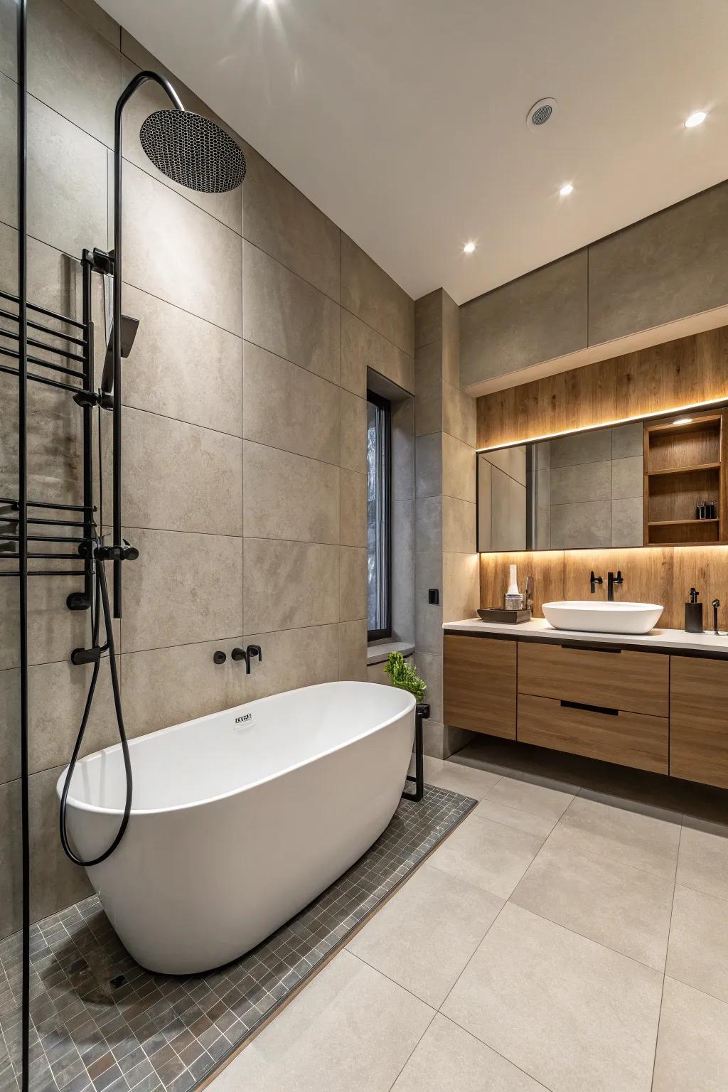 Contemporary fixtures with matted finishes incorporate a contemporary impression.
