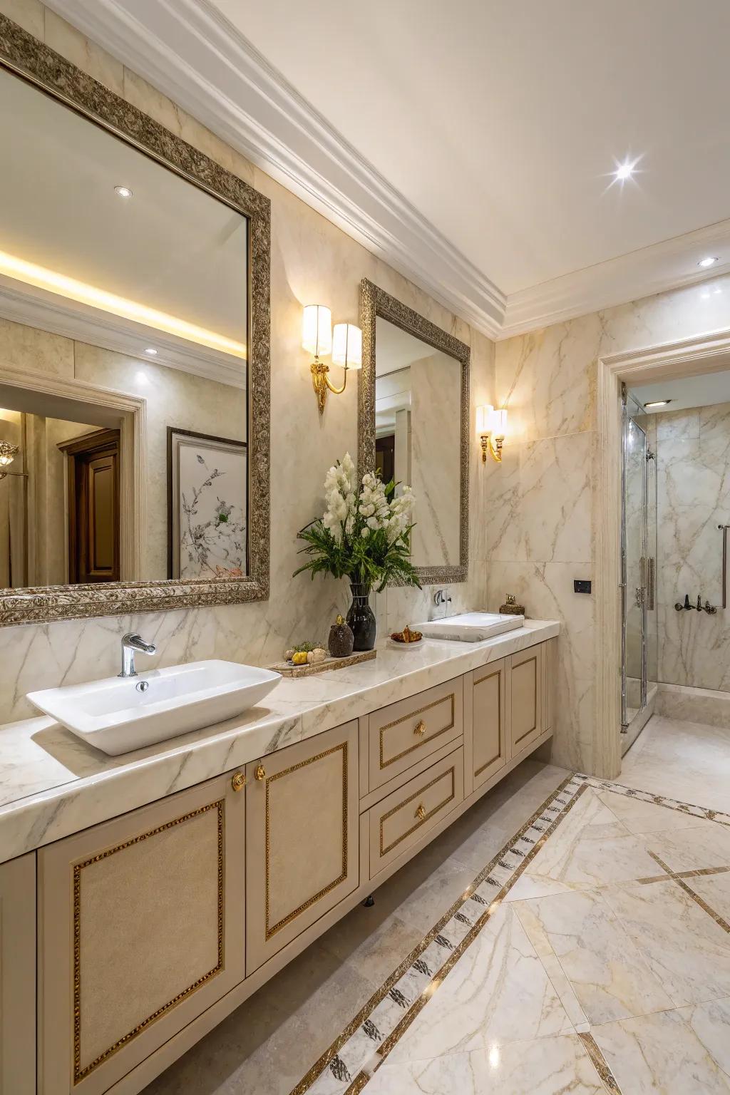 Marble features bring luxury to a modern beige bathroom.