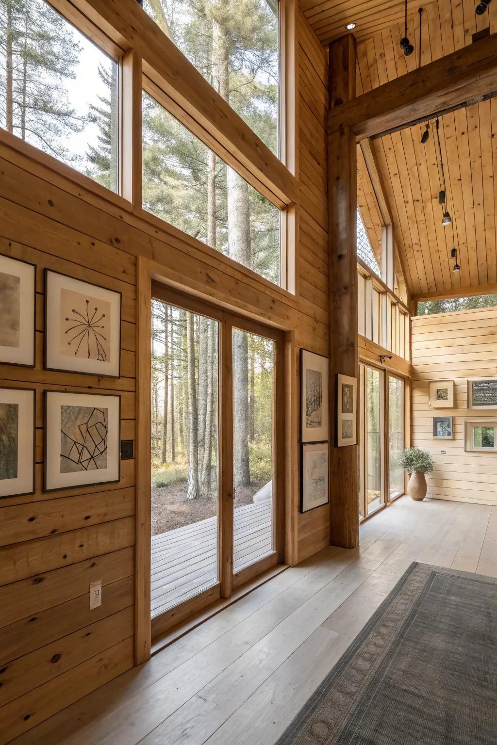 Minimalist art contributes a subtle contemporary touch to cabin decor.