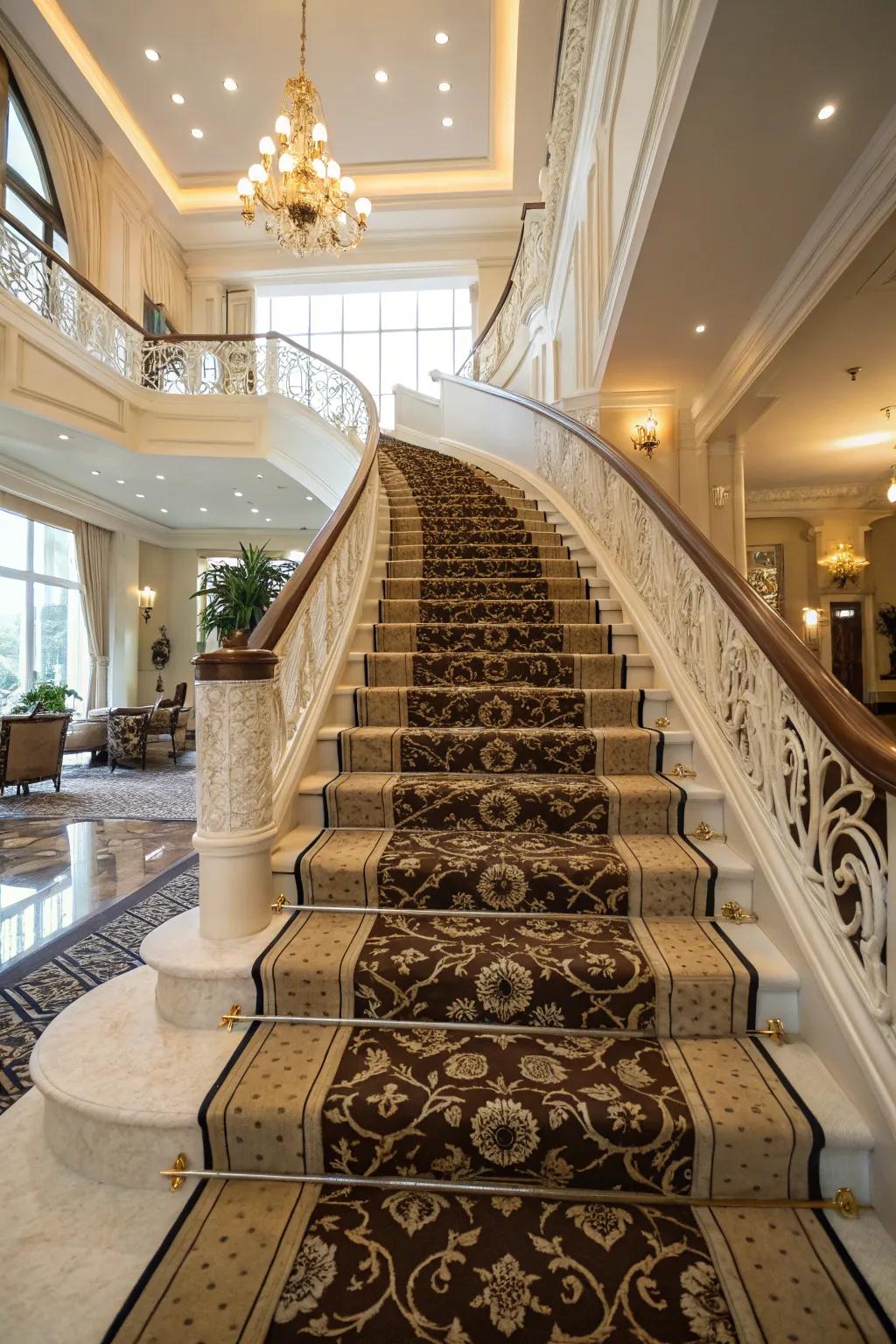 Elegant staircase showcasing a stylish patterned carpet runner