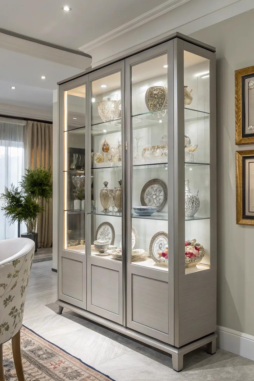 Brightened china cabinet showcasing diffused lighting.