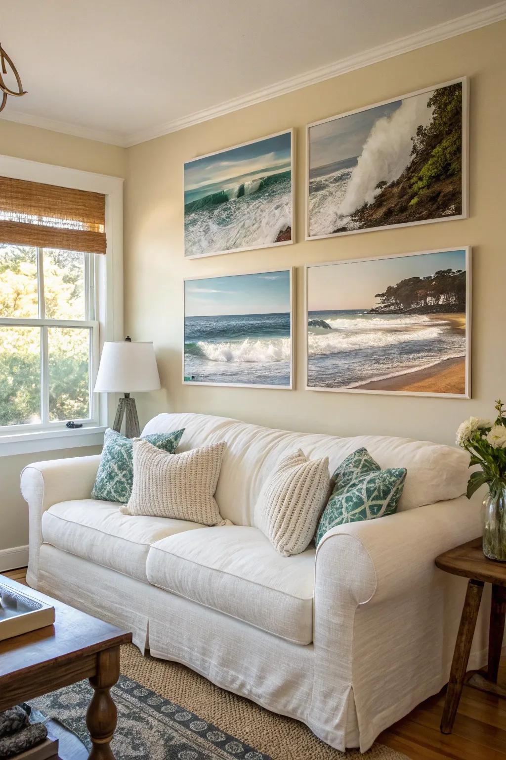 Seaside artwork elevates the thematic decor.